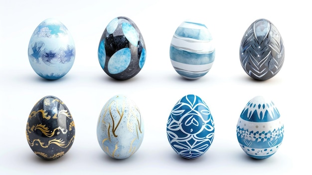 motif de deux rangées d'œufs de Pâques décorés peints en bleu et gris isolés sur un fond blanc Ea