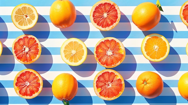 Un motif de divers agrumes, y compris des oranges, des citrons et des pamplemousses disposés sur un fond rayé bleu et blanc