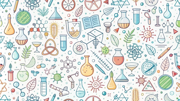 Motif de Doodle scientifique avec un atome de feuille de flacon et un virus