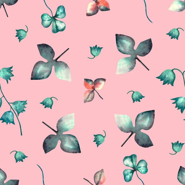 Motif. Ensemble floral aquarelle avec fleurs de printemps et feuilles sur fond rose
