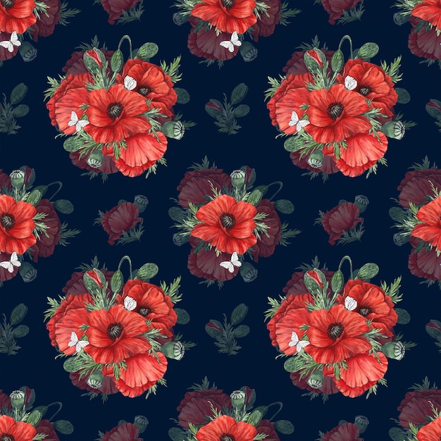 Le motif est réalisé de manière transparente avec des coquelicots rouges peints à l'aquarelle et mis en évidence sur un fond sombre