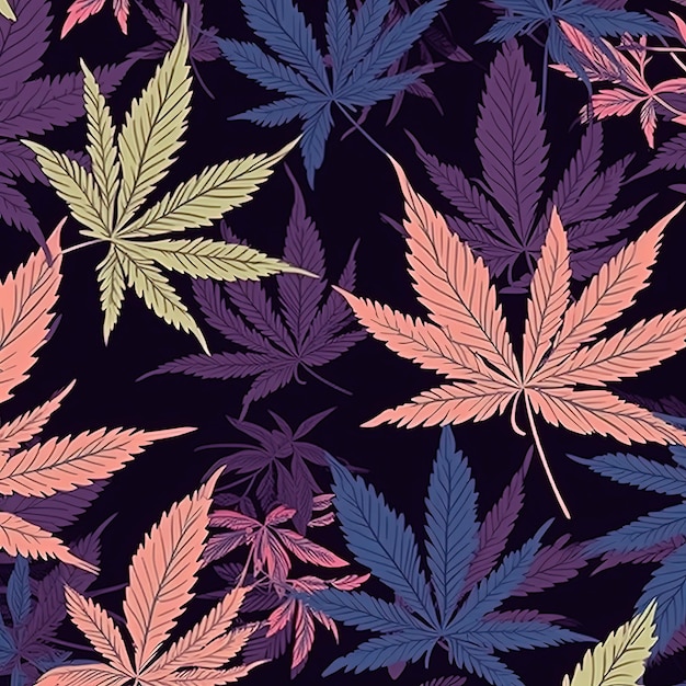 Motif de feuilles de cannabis coloré sur fond noir AI générative