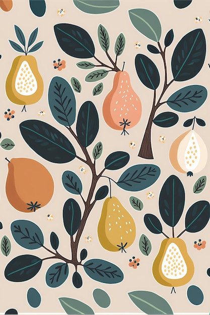 Motif de feuilles florales et illustration dessinée à la main de fruits