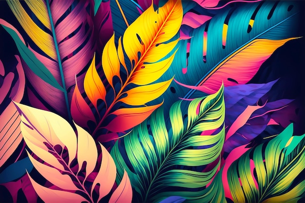 Motif de feuilles tropicales colorées Illustration de l'IA générative