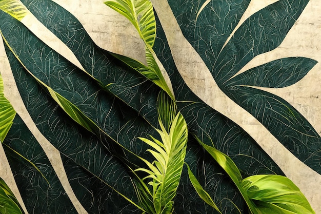 Motif de feuilles tropicales dorées et vertes sur un gros plan de tissu beige rugueux Feuilles de palmier or noir Décor exotique de matériel pour la couture Illustration 3d de style floral