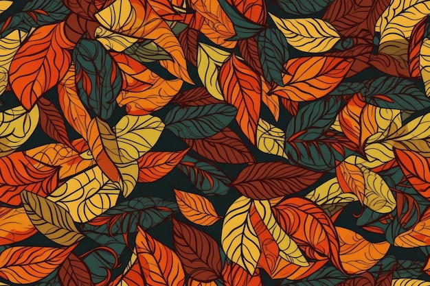 Motif de feuilles vibrantes sur un fond noir foncé