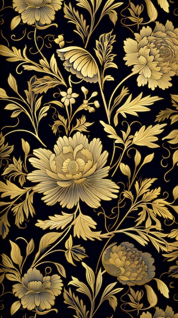 un motif de fleur d'or avec une feuille d'or et un fond noir.