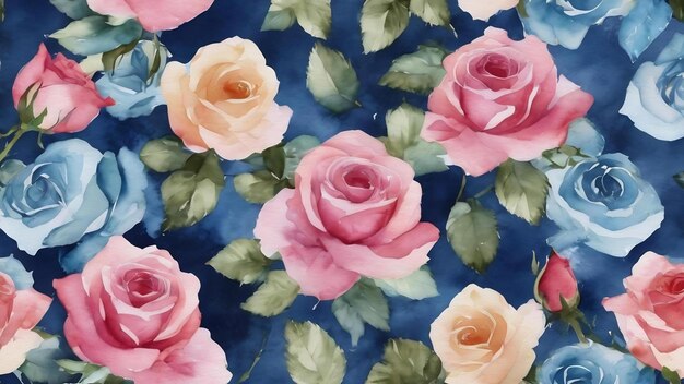 Le motif de fleur de rose à l'aquarelle bleue