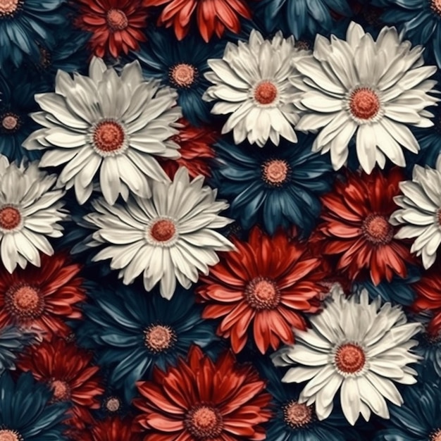 Un motif de fleur rouge blanc et bleu avec des fleurs blanches