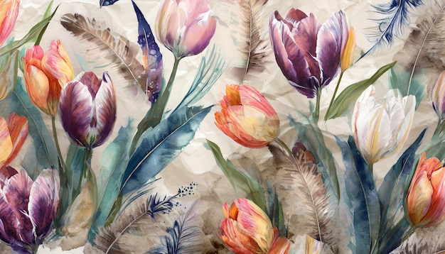 Motif de fleur avec des tulipes aquarelle pastel illustration copie de couverture de sous-titres large horizontale