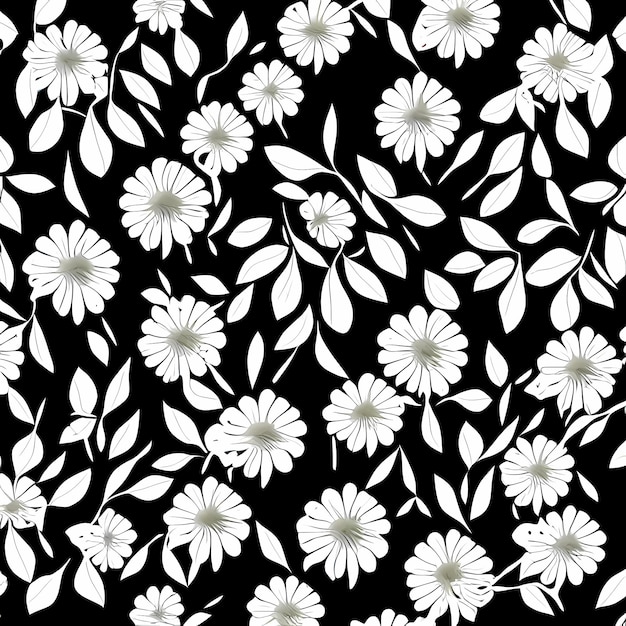 Motif de fleurs et de feuilles blanches sur fond noir