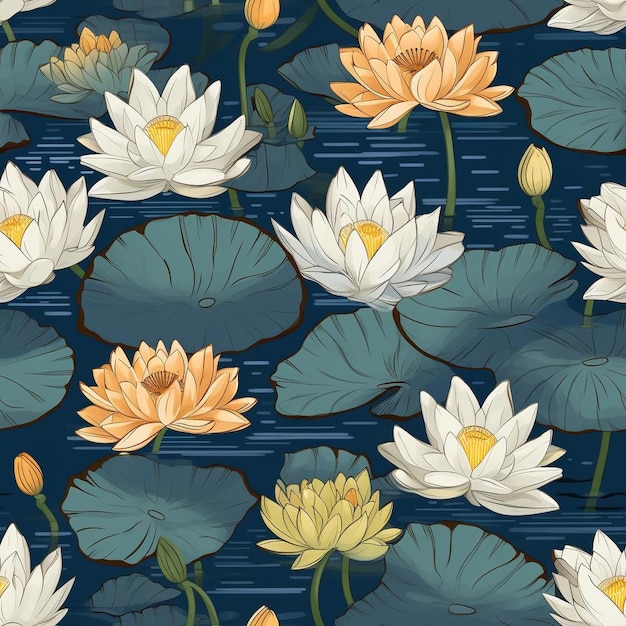 Un motif avec des fleurs et des feuilles de lotus jaunes sur fond bleu.