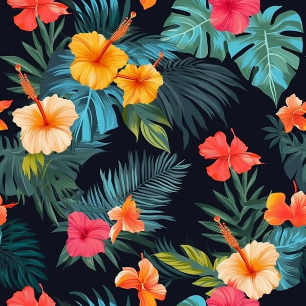 un motif de fleurs et de feuilles tropicales sur un fond noir