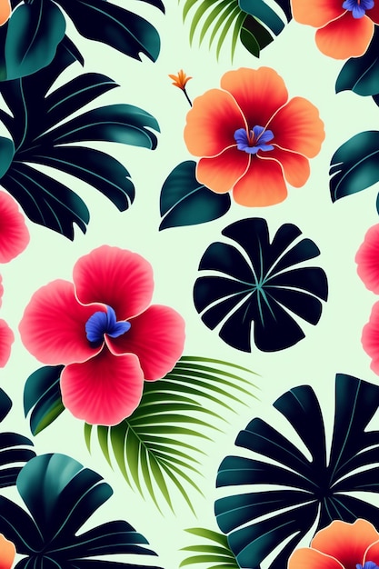 Motif de fleurs d'hibiscus et de feuilles tropicales