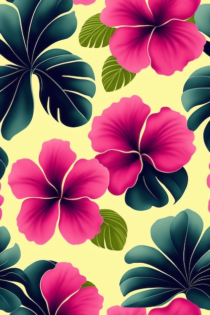 Motif de fleurs d'hibiscus et de feuilles tropicales