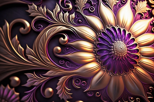 Motif de fleurs métalliques abstraites en gros plan dans des couleurs violettes et dorées