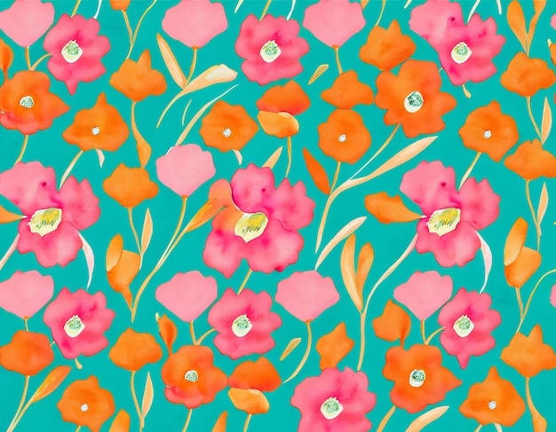 Un motif de fleurs orange et roses sur fond turquoise.