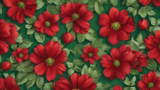 Un motif de fleurs rouges et vertes sur un fond vert