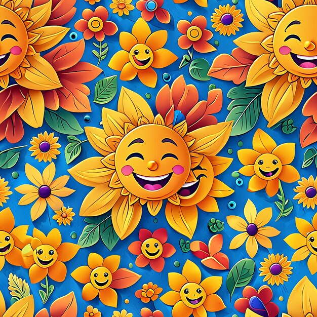 un motif avec des fleurs et des visages souriants