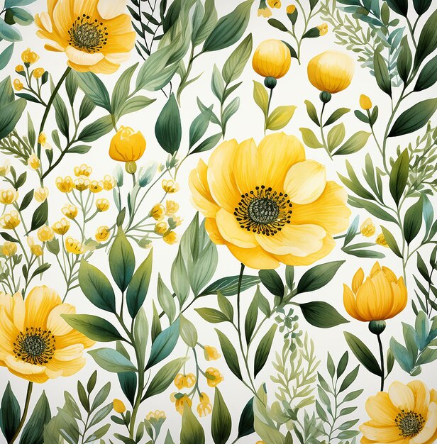 motif floral à l'aquarelle avec des feuilles de palmier et des fleurs jaunes