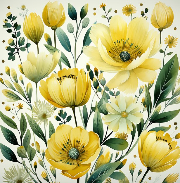 motif floral à l'aquarelle avec des feuilles de palmier et des fleurs jaunes