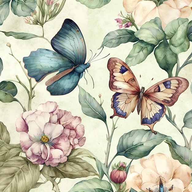 Un motif floral aquarelle avec des papillons et des fleurs.