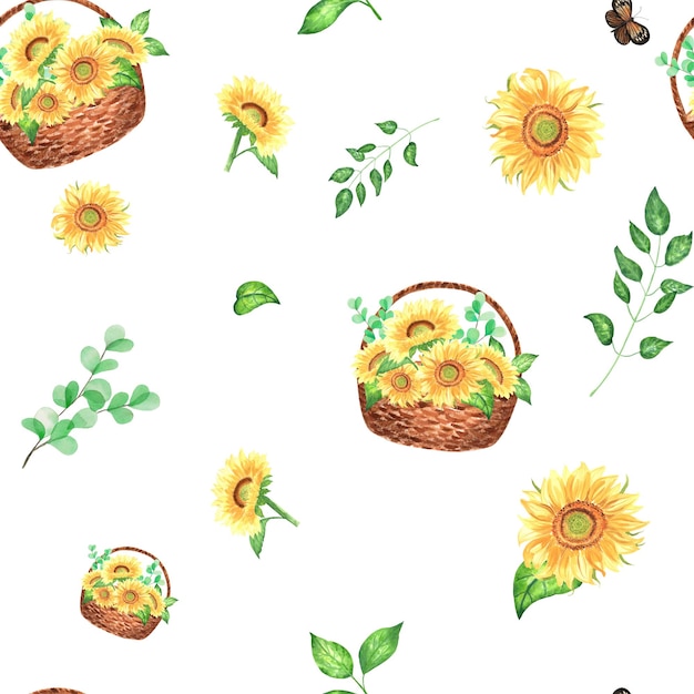 Motif floral aquarelle peint à la main de feuilles de tournesols et de papillons