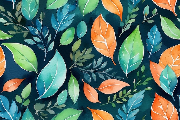 Motif floral aquarelle sans couture avec fond de feuille dans les couleurs bleu orange et vert