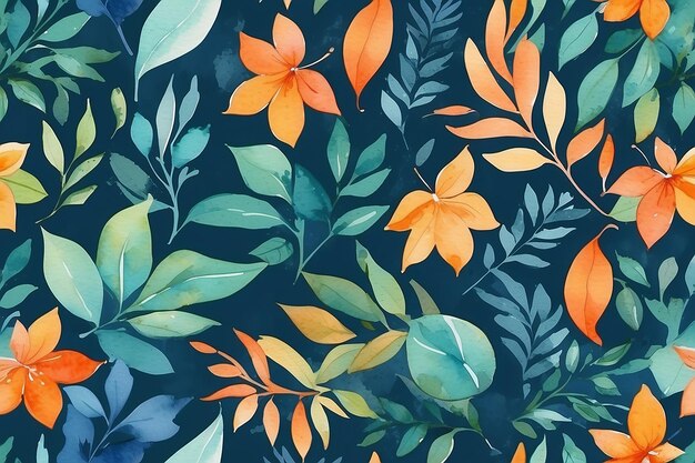 Motif floral aquarelle sans couture avec fond de feuille dans les couleurs bleu orange et vert