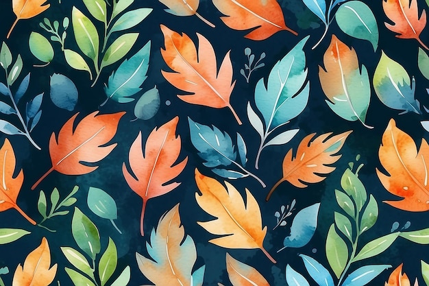 Motif floral aquarelle sans couture avec fond de feuille dans les couleurs bleu orange et vert