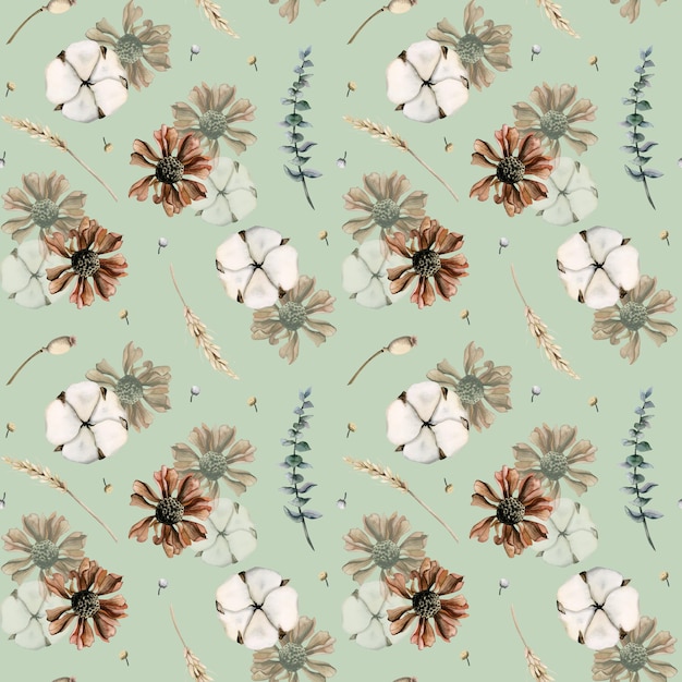 Motif floral aquarelle transparente sur fond vert avec des branches d'eucalyptus de fleurs séchées en coton