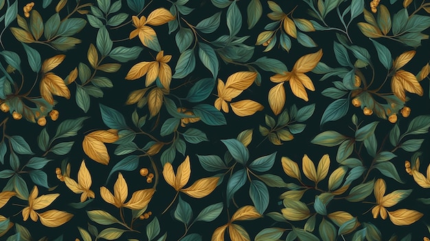 Motif floral d'automne feuilles vertes et dorées Generative AI