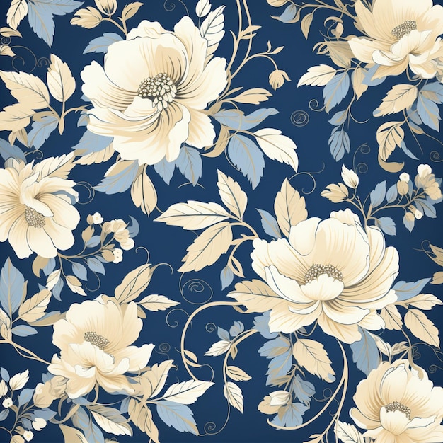 motif floral en bleu et beige dans le style de la couleur réaliste