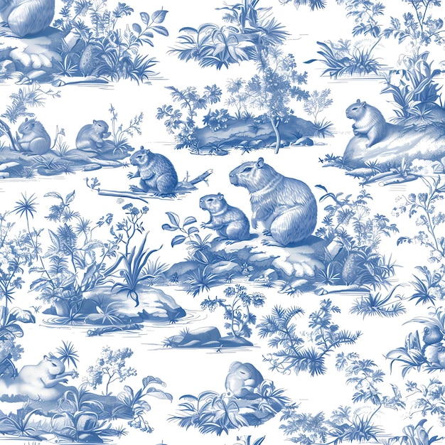 Photo un motif floral bleu et blanc avec un lapin et une souris