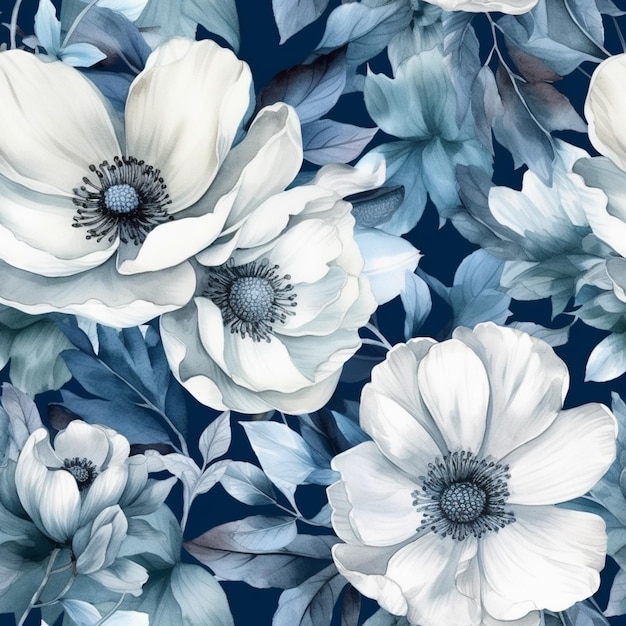 Un motif floral bleu avec des fleurs blanches.