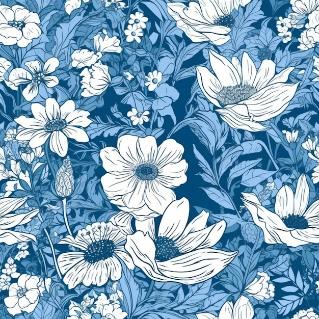 Un motif floral bleu avec des fleurs blanches.