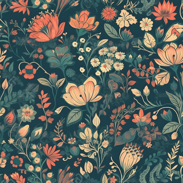 Un motif floral bleu foncé avec un fond de fleurs colorées.