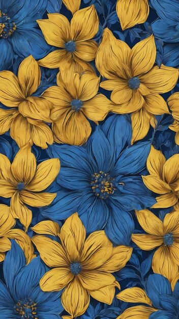 Un motif floral en bleu et jaune avec un dessin de fleur bleue au milieu