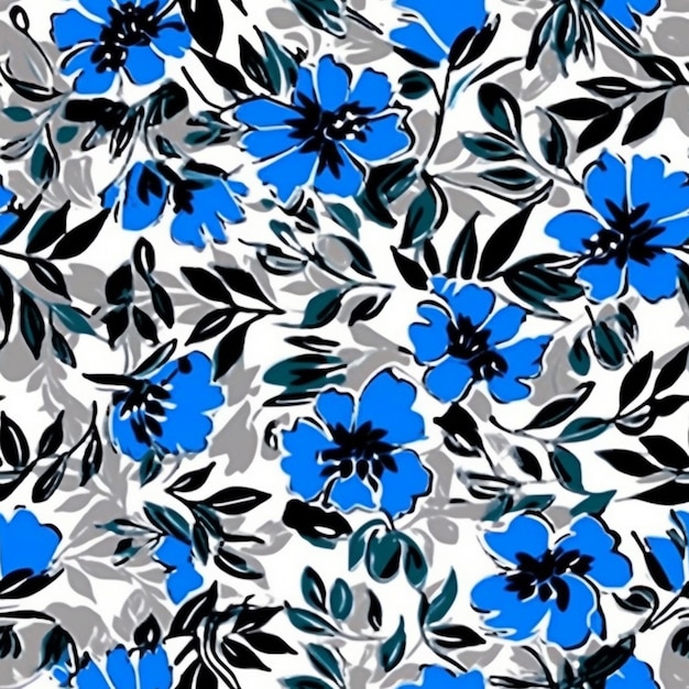 un motif floral bleu et noir sur un fond blanc