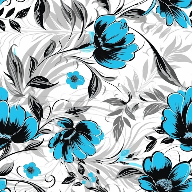 un motif floral bleu et noir sur un fond blanc