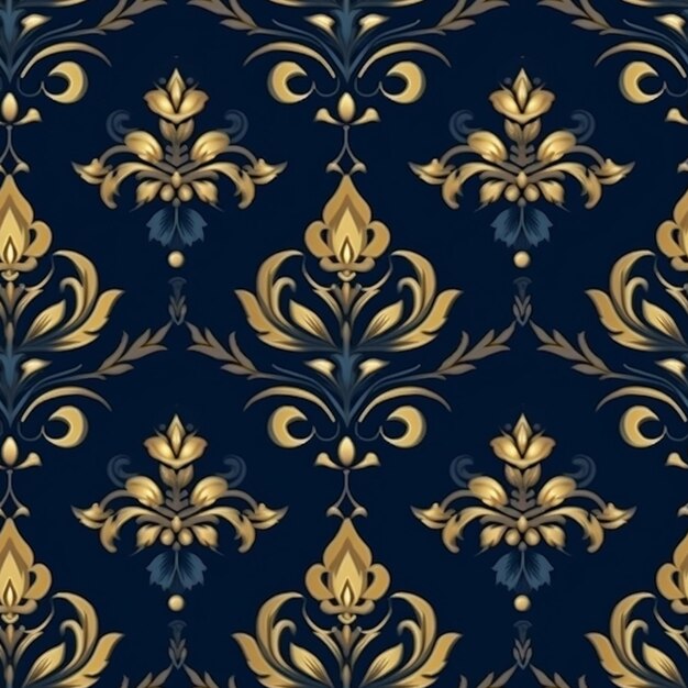 un motif floral bleu et or avec une feuille d'or générative ai