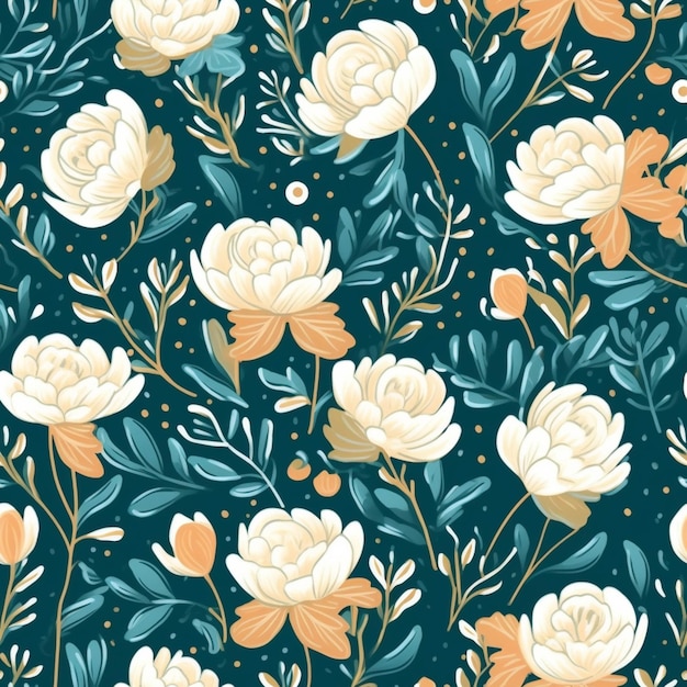 Un motif floral bleu et orange avec des feuilles et des fleurs génératives ai