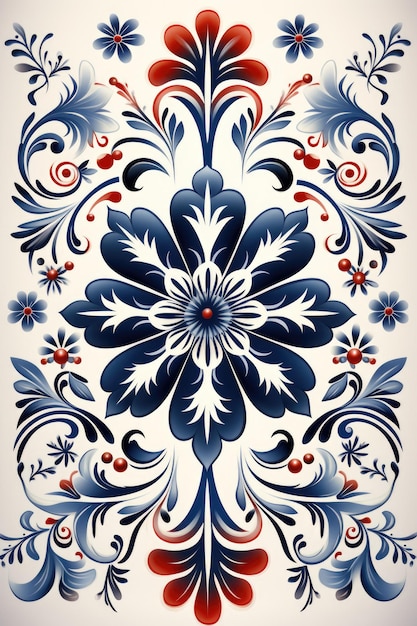 Un motif floral bleu et rouge sur fond blanc ai