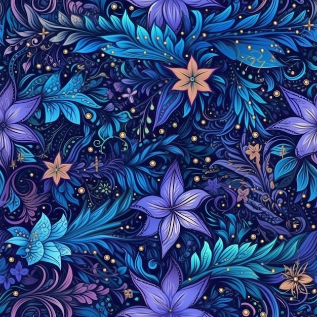 Un motif floral bleu et violet avec des étoiles et des tourbillons ai génératif