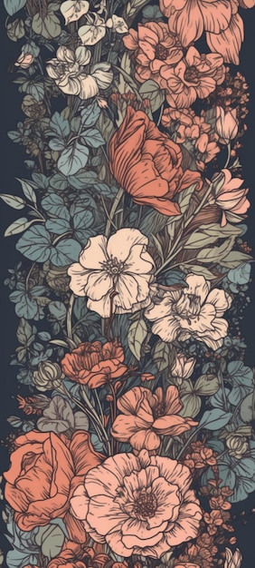 Un motif floral avec un bouquet de fleurs sur fond noir.