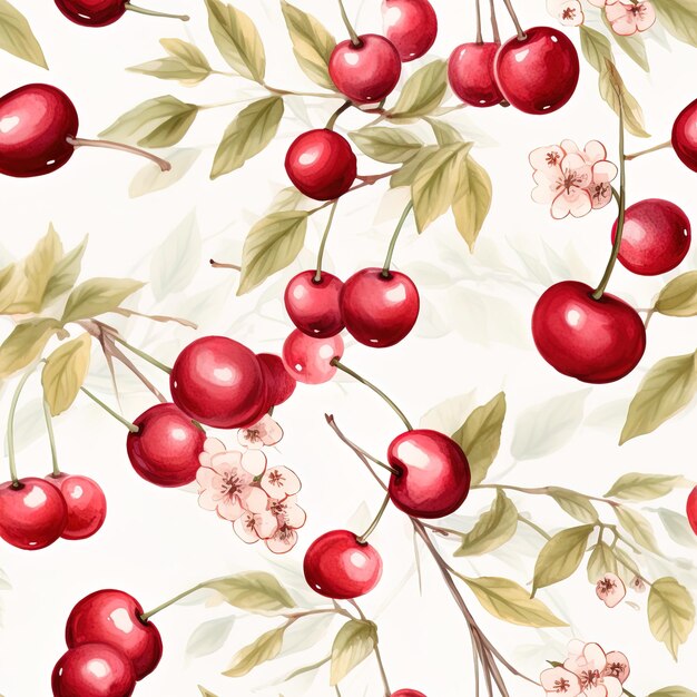 un motif floral avec des cerises et des feuilles sur un fond blanc