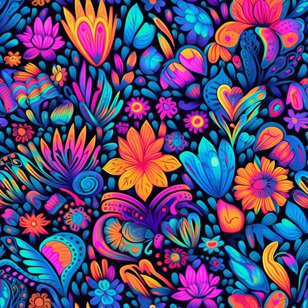 Un motif floral coloré avec beaucoup de fleurs et d'oiseaux ai génératif