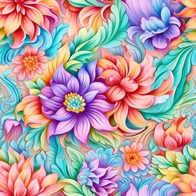 Motif floral coloré, couleur pastel brillante, détails incroyablement générés par l'IA