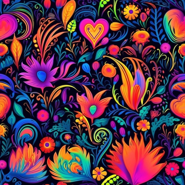 Un motif floral coloré avec des couleurs vives sur fond noir ai génératif