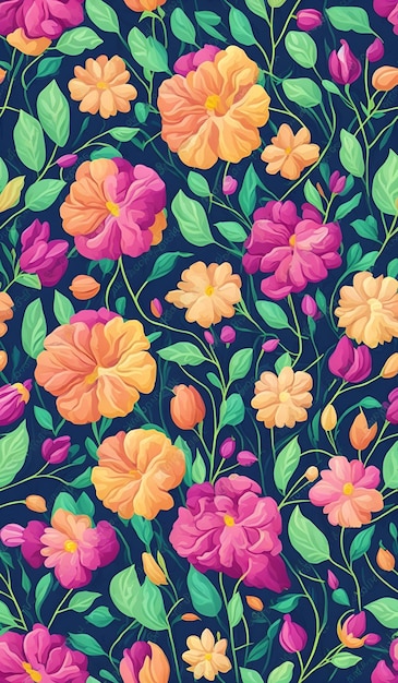 Un motif floral coloré avec une feuille verte et des fleurs.